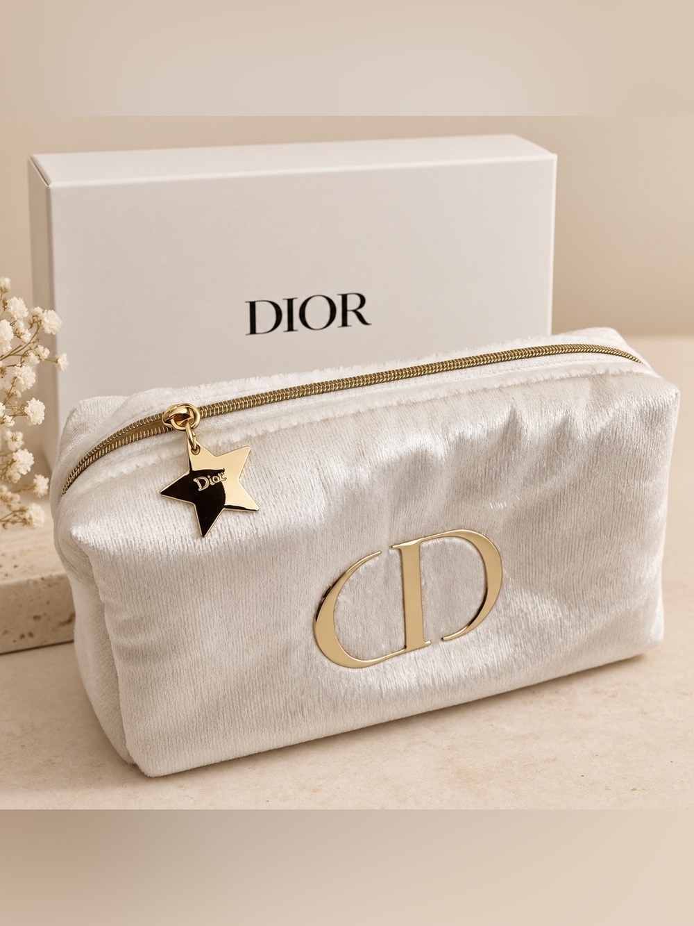 Dior White Velvet Women Beauty Pouch with Gold Hardware GWP item.. New ✨